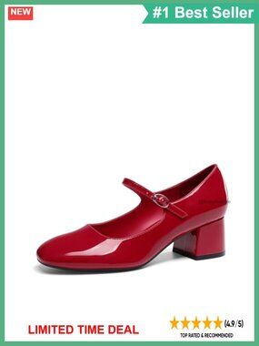 Faux Leather Mary Jane Pumps Block Heel Ankle Strap Dress Shoes